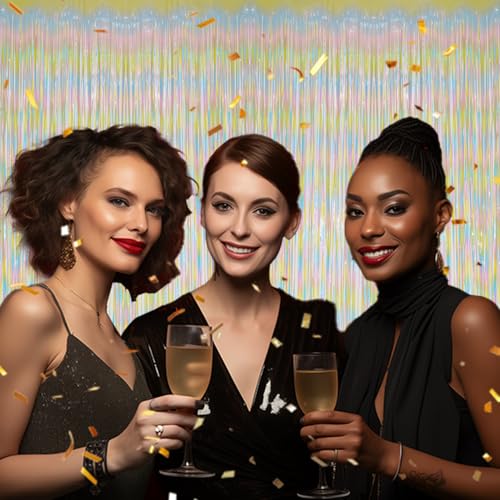 Image of DECOCKRAT 2 Pack Foil Fringe Backdrop - Pastel Rainbow Shiny Tinsel Curtains for Party Decoration /Photo Booth Props - 3.3x6.6 FT Metallic Foil Backdrop for Birthday, Wedding, Graduation, Christmas.