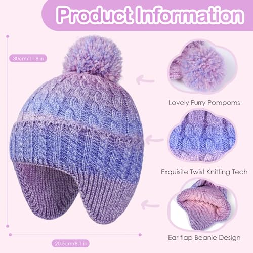 Girls Winter Beanies with Earflap,Kids Warm Rainbow Pom Pom Twisted Knit Hat Skull Cap Age 3-83