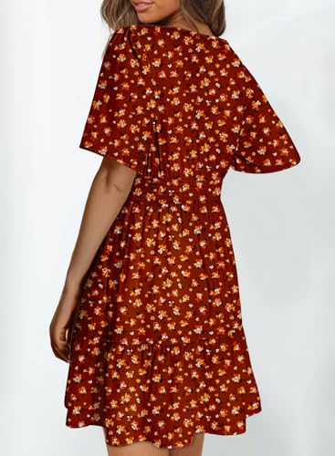 Image of Dokotoo Womens Summer Dresses 2026 Boho Floral Short Sleeve V Neck Smocked Waist Casual A-Line Swing Mini Dress Sundress