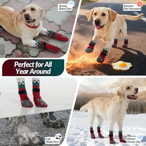 Image of ROZKITCH 2 Pairs Dog Paw Protectors, Christmas Gripper Socks for Hardwood Floors Paw Bandage Long Dog Socks Paw Wound Cover with Grips & Adjustable Straps Corgi, Schnauzer Christmas Red L
