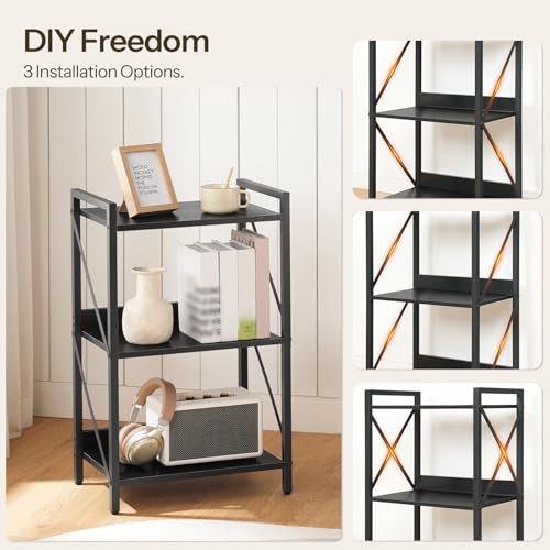 Image of HOOBRO Bookshelf, 3-Tier Industrial Bookcase, Book Shelf Storage Organizer, Small Bookshelf with Metal Frame for Living Room, Bedroom, Home Office, Kitchen, Black BB71SJ01