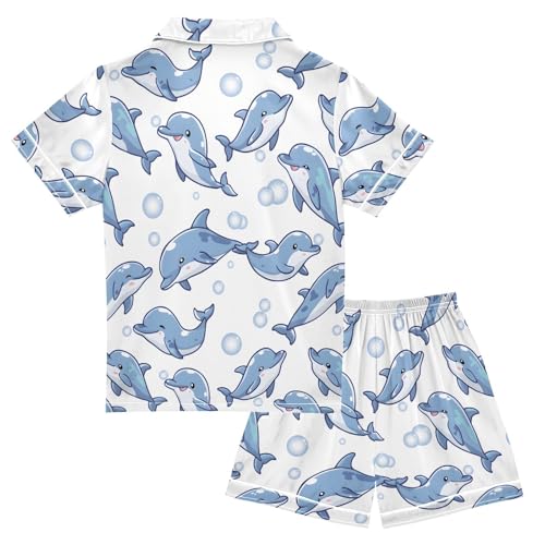 ALAZA Blue Dolphin Bubble Satin Pajamas Set Short Sleeve Button Down Sleepwear Summer Pjs 2 Piece2