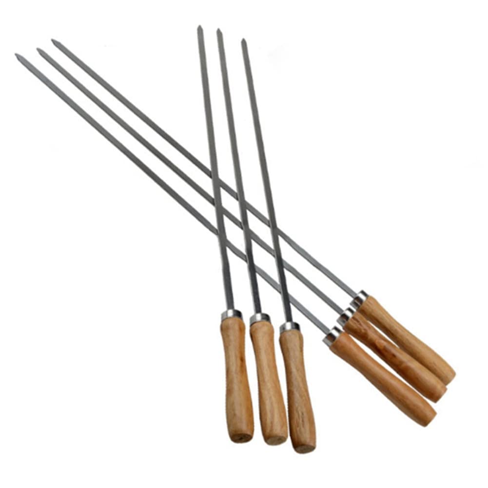 Janzu Kebab Bbq Stainless Steel Skewers With Wooden Handles Flat Reusable Metal Skewer Sticks With Storage Pouch 6Pcs