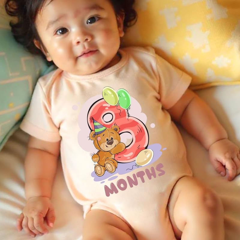 Image of Knitroot Monthly Birthday Teddy Special, Newborn Baby Half Sleeve Unisex Romper, Onesies, Sleepsuit, Body Suit, Envelope Neck, 1 to 12 Months Print, 0-12 Months, Infant Cloth for Boys & Girls
