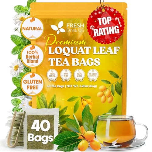 Image of FreshDrinkUS, Premium 40 Tea Bags Loquat Leaf Tea | Eriobotrya japonica | Herbal Tea Bags | Naturally Dried Loquat Leaves | Caffeine-Free Botanical Tea. Sugar-Free. Caffeine-Free. Vegan