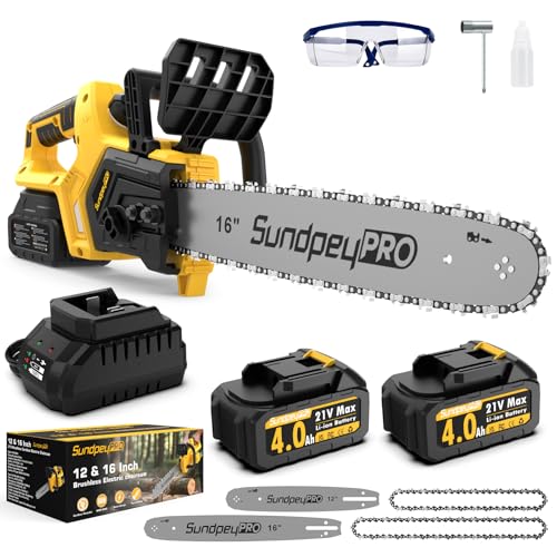 SundpeyPRO Brushless Electric Cordless Chainsaw - 12' & 16' Dual Guide Plate 21V Electric Chain Saw With 2 x 4.0Ah Batteries & Auto Oiler & Oil Output Control Switch for Wood Tree Pruning Cutting