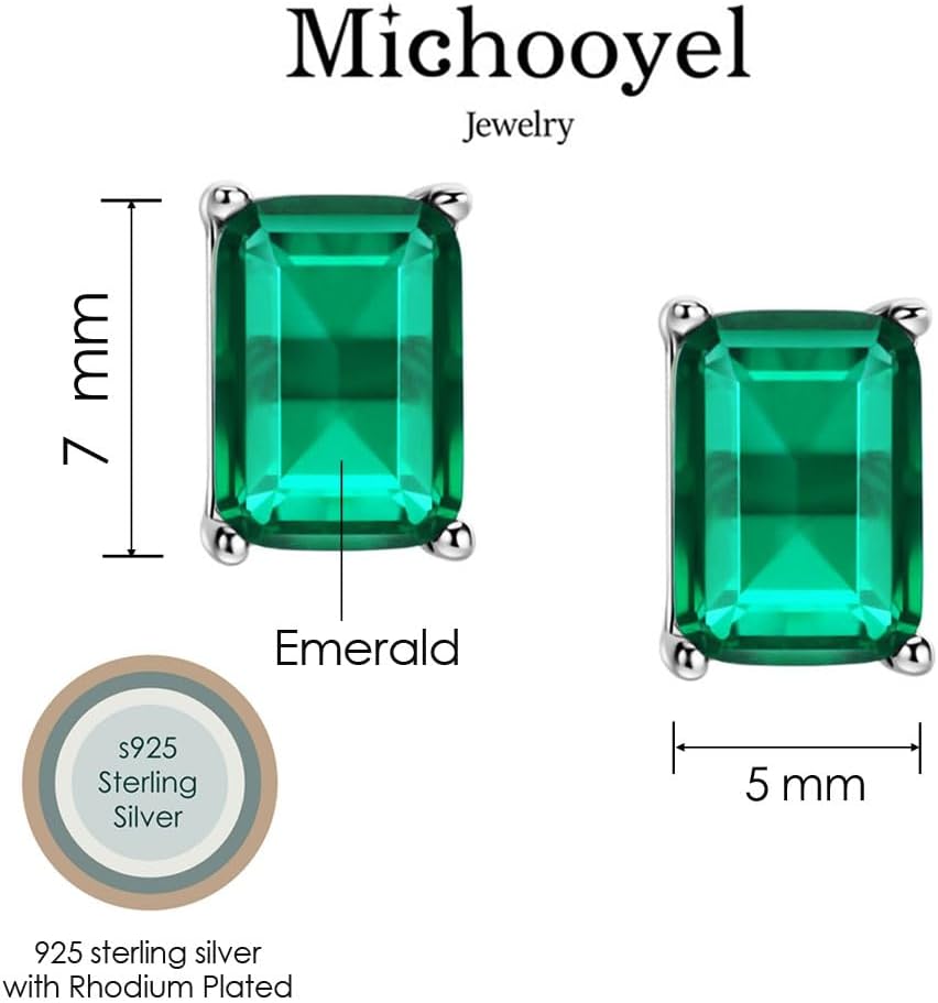 Michooyel Sterling Silver 1.2ct Synthetic Emerald Stud Earrings Solitaire 4 Prongs Setting Baguette Women's Earrings - Image 7