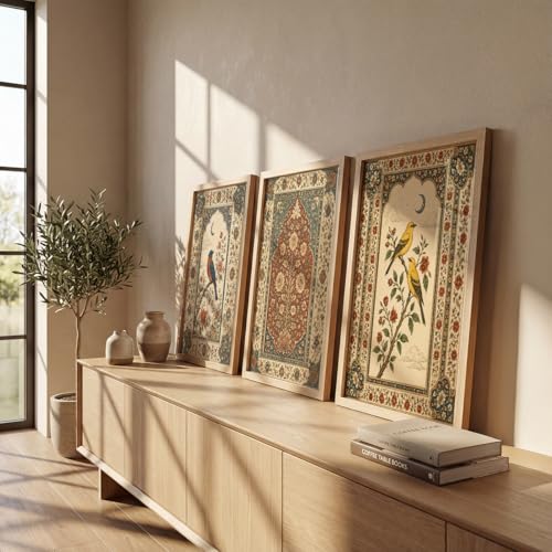 Image of NoWorries Bird Floral Wall Art Set of 3 Framed Prints | Indian Traditional Botanical Painting, Vintage Rajasthani Bird Poster, Royal Ethnic Wall Decor for Living Room Bedroom Home (Synthetic Engineered Wooden Frame) (MIN -4, 10x13 inches)