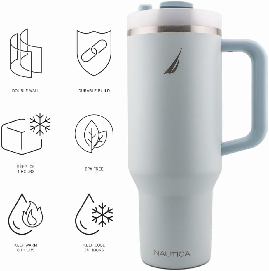 Nautica 40 oz Large Insulated Tumbler with Handle & Straw with screw on cap, Reusable Water Bottle Stainless Steel Travel Mug for Hot Cold or Iced Drink, BPA-Free, Fits Car Cup Holders (Light Blue) - Image 4