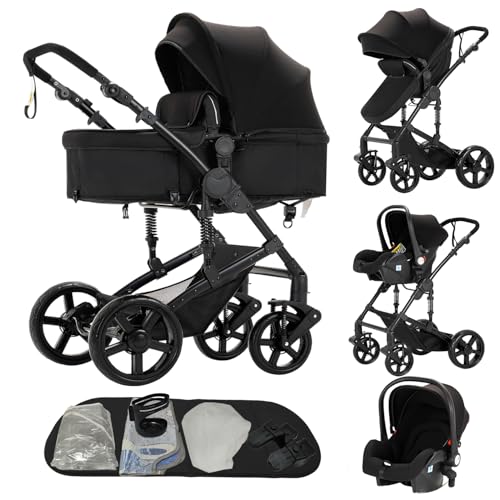 Reenborn Carrito Bebe 3 en 1, Carro Bebe con Dos Modos de Empuje Reversibles, Cochecito Bebe 3 Piezas con Marco de Aluminio, Carricoche Bebe con Diseño Plegable con Un Solo Clic (588 Black)