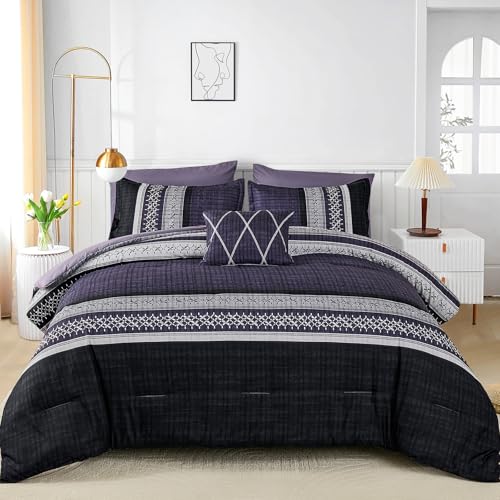 Image of Dintszyayue Purple Comforter Set Queen Size, 8 Pieces Boho Striped Bed in a Bag Soft Microfiber Bedding Set for All Season