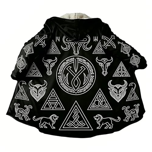 Image of Viking Mythology Mens Hooded Cloak Nordic Faux Cashmere Hoodie Winter Warmer Overcoat Mid-Length Parka Jacket