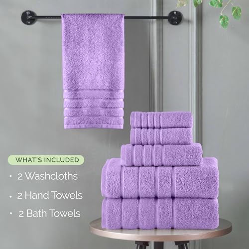 Image of Elegant Comfort 4 Lines Viscose Stripe 6-Piece Premium Towel Set - 100% Turkish Cotton High Absorbent Luxury Bathroom Towels - Includes 2 Washcloths, 2 Hand Towels and 2 Bath Towels Set, Lilac