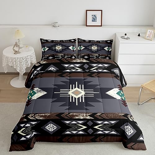 Erosebridal Western Quilt Vintage Geometry Triangle Diamond Comforter Set,Boho Western Bedding Sets King,Southwestern Native Aztec Duvet Insert Ethnic Tribe Arrow Sriped Room Decor,Grey Brow