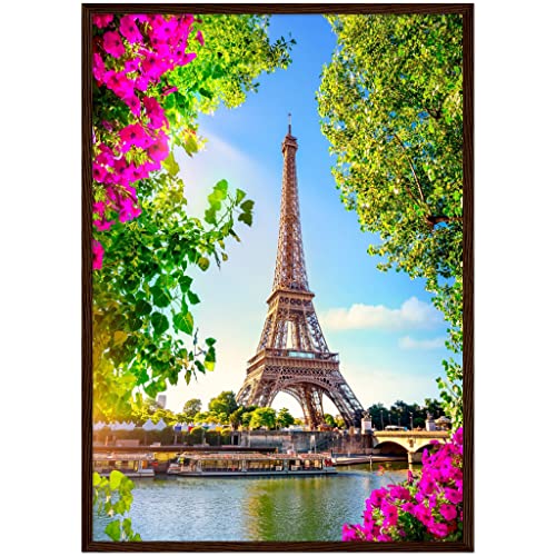 Tour Eiffel floral art mural 50x70 cm avec cadre bois foncé