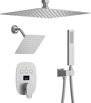 Brushed Nickel Shower Faucet Set with 2 Rain Shower Head12+8" and Handheld Shower, Temperature Visualization
