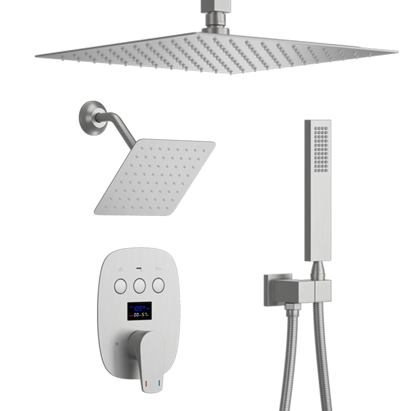 Brushed Nickel Smart Shower System Temperature Display Push Button Shower Faucet with 2 Rain Shower Head(Ceiling 12" + Wall 8"), Handheld Shower Set