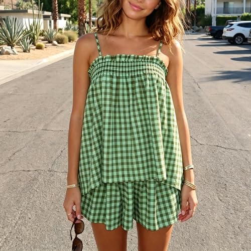 Image of SOOKABEILA Women 2 Piece Lounge Set Sleeveless Striped Cami Peplum Top Boxer Shorts Loose Ruffle Matching Pj Sets Outfits