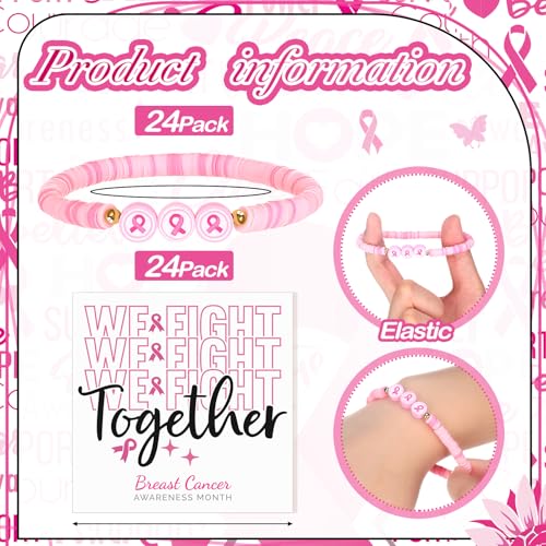 Tondiamo 24 Sets Breast Cancer Awareness Bracelets Bulk Pink Ribbon Polymer Clay Handmade Beads with We Fight Together Motivational Cards Breast Cancer Awareness Gifts Bulk for Women Party Favor3