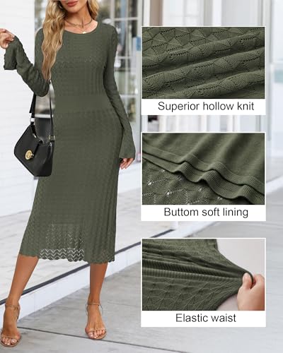Image of Newshows Women's Hollow Slim Summer Fall Church Work Casual Sweater Dress | Machine Washable Knit Sweater Fabric, Hollow Design, Bell Sleeve, Business Casual, Church Teacher Outfits, Modest Dress