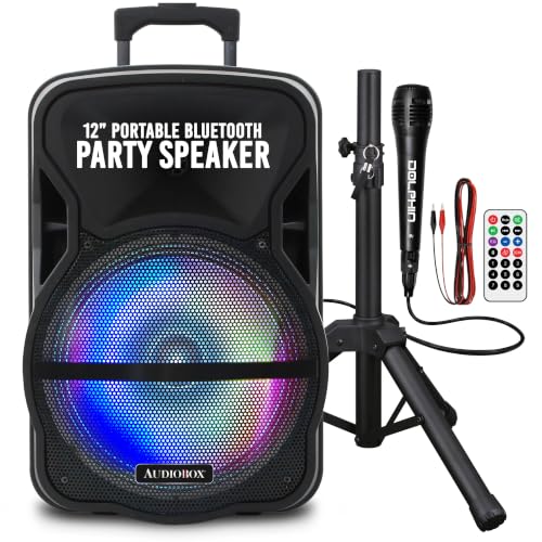 ABX-12S 12' Portable Bluetooth PA Speaker w/Stand & Mic, USB, TF, FM, AUX, 1/4' Mic Jack, Rechargeable Battery, Trolley Handle & Wheels, Perfect for DJ, Parties, & Events