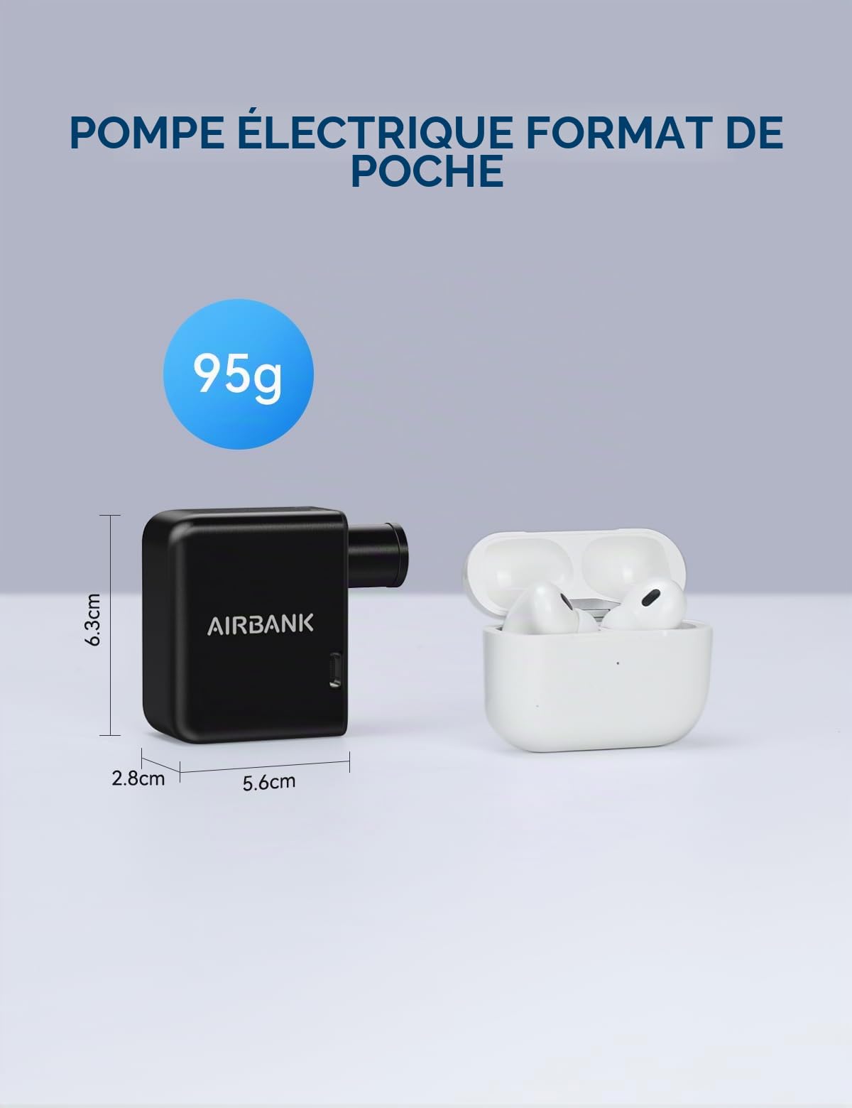 AIRBANK Pompe à air de Pocket pour vélo électrique Mini compresseur de Batterie 97 g 100 psi Petite Pompe à vélo pour Tous Les vélos