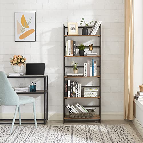 Vecelo 5 Tier Folding Bookshelf, 2-Step Assembly Foldable Bookcase With Standing Display Shelves, Collapsible Metal Frame With Lace X Shape And Anti-Toppling Design, Antique Brown, Set Of 2 #TOP1