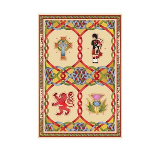 Kilts Wi Hae Scottish Emblems Cotton Tea Towel Featuring A Celtic Cross, Lion Rampant, Piper, And Thistle