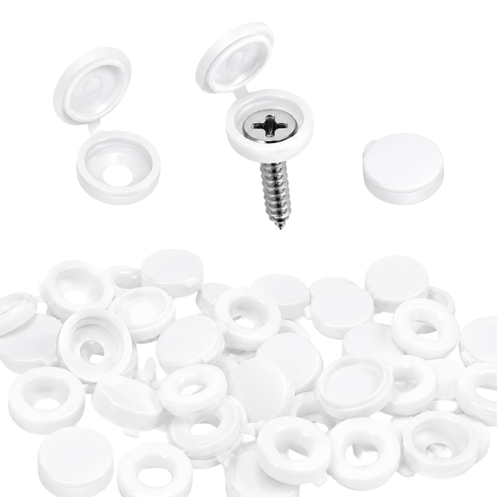 DCYQAIN 150 Pcs White Hinged Screw Cover Caps, 5mm Plastic Flip Top Screw Caps for Furniture, Kitchen Cabinets, Shelves, License Plates & DIY Projects
