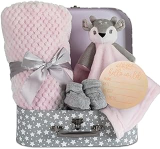 Hoolaroo Baby Blanket  New Baby Girl Gifts Newborn Baby Box Fleece Blanket, Pink Deer Fawn Comforter, Knit Booties, Baby Hamper Suitcase  Pink Gifts for Baby Gifts Present Girls