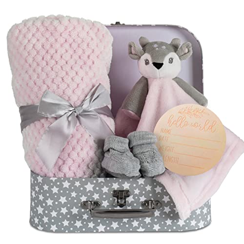 Baby Girl Gift Set New Born Baby Gift Baby Deer Fawn Security Blanket Soft Fleece, Suitcase Keepsake Box Blanket Booties & Baby Gift Basket – Unique Present For Baby Shower & Newborn Lovey #TOP25