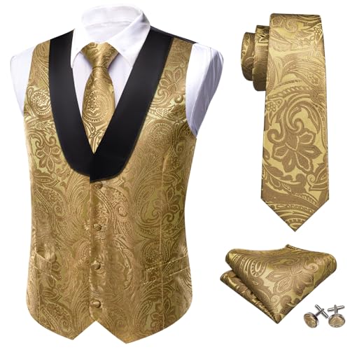 Image of Barry.Wang Mens Silk Lapel /Shawl Collar Vest Tie Sleeve Holder Set Formal /Casual Paisley Vests Wedding Tuxedo Waistcoat