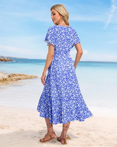 Image of AUSELILY Women Summer Midi Dresses Wrap Short Flutter Sleeve Elegant Dress | High Slit,High-waisted,Ruffled Hem,V-Neck,Fixed-strap Design,Skin-Friendly,Breathability,Wedding Guest Dresses