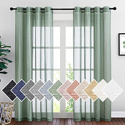 NICETOWN Linen Sheer Curtains Flax Textured for Living Room, Grommet Semi Sheer Vertical Drapes Privacy with Light Filter for Home Office/Farm House, W52 x L84, Olive Green, 1 Pair