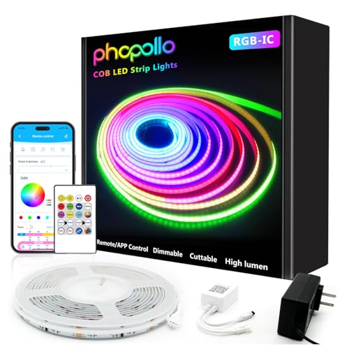 phopollo RGB Smart IC COB LED Strip Lights, Addressable 576 LEDs/m High Density Flexible 24V Led Lights with Remote & App Control, LED Lights for Bedroom, Kitchen and Cabinet Lighting Decor-16.4ft
