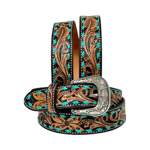 Western Genuine Leather Floral Belt With turquoise buckstitch For Men and Women 30WE004