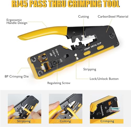 Image of COOLCOLD RJ45 Crimping Tool Kit - All-in-One Passthrough Ethernet Crimper for Cat5 /Cat6 /Cat7 - Includes Network Cable Tester with Battery, 10pc Cat6 Pass-Through Connectors & 10pc Boots(Multicolor)