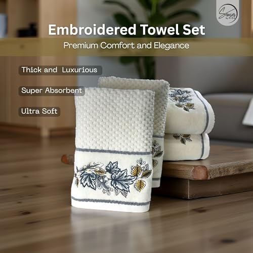 Image of SENSES By Riba Cotton Embroidered Towel Set, 550 GSM Soft & Absorbent, Antimicrobial, Oeko-Tex Certified | Ideal for Home & Gifting, Pack of 4 (2 Bath 27 inchX50 inch + 2 Hand Towels 16 inchX26 inch) - Style 8