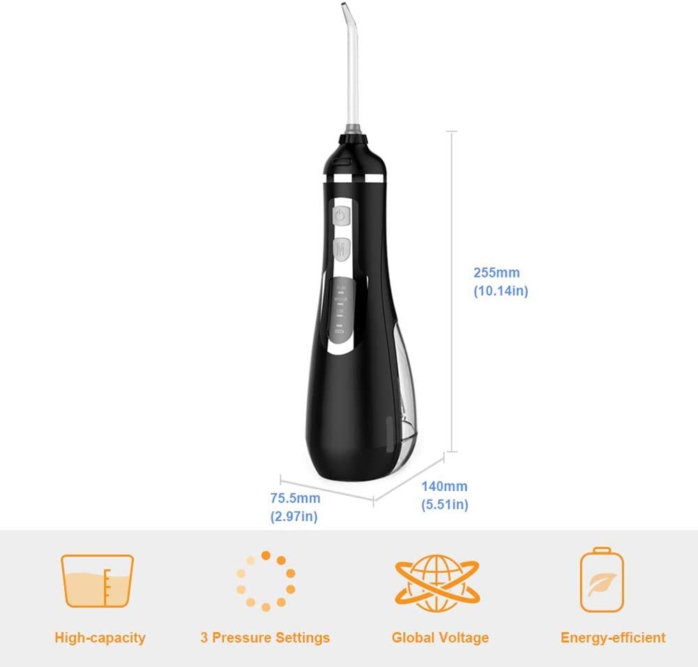 Irrigador bucal portátil / IPX7 Jet Wash Impermeable para Dientes, 3 Modos, con indicador LED, para Viajes y Familia,Negro