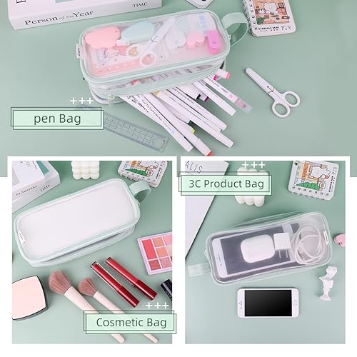 Image of Oyachic 2 Compartment Pencil Case Clear Mesh Pen Pouch Grid Makeup Cosmetics Bag Transparent Marker Organizer Office Business Travel Adults,green