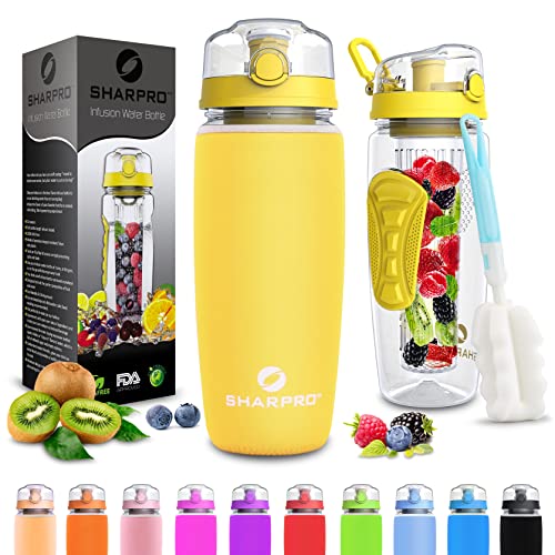 Sharpro 32 oz. Infuser Water Bottles - Featuring a Full Length Infusion Rod, Flip Top Lid, Dual Hand Grips (Royal Yellow)