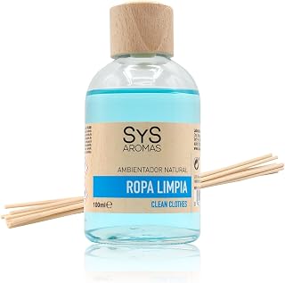 SYS Aromas Ambientador Mikado Ropa Limpia - Difusor con Varillas de Ratán - Larga Duración - Ideal para Hogar, Oficina, Baño - Fabricado en España - 100 ml con 8 Varillas