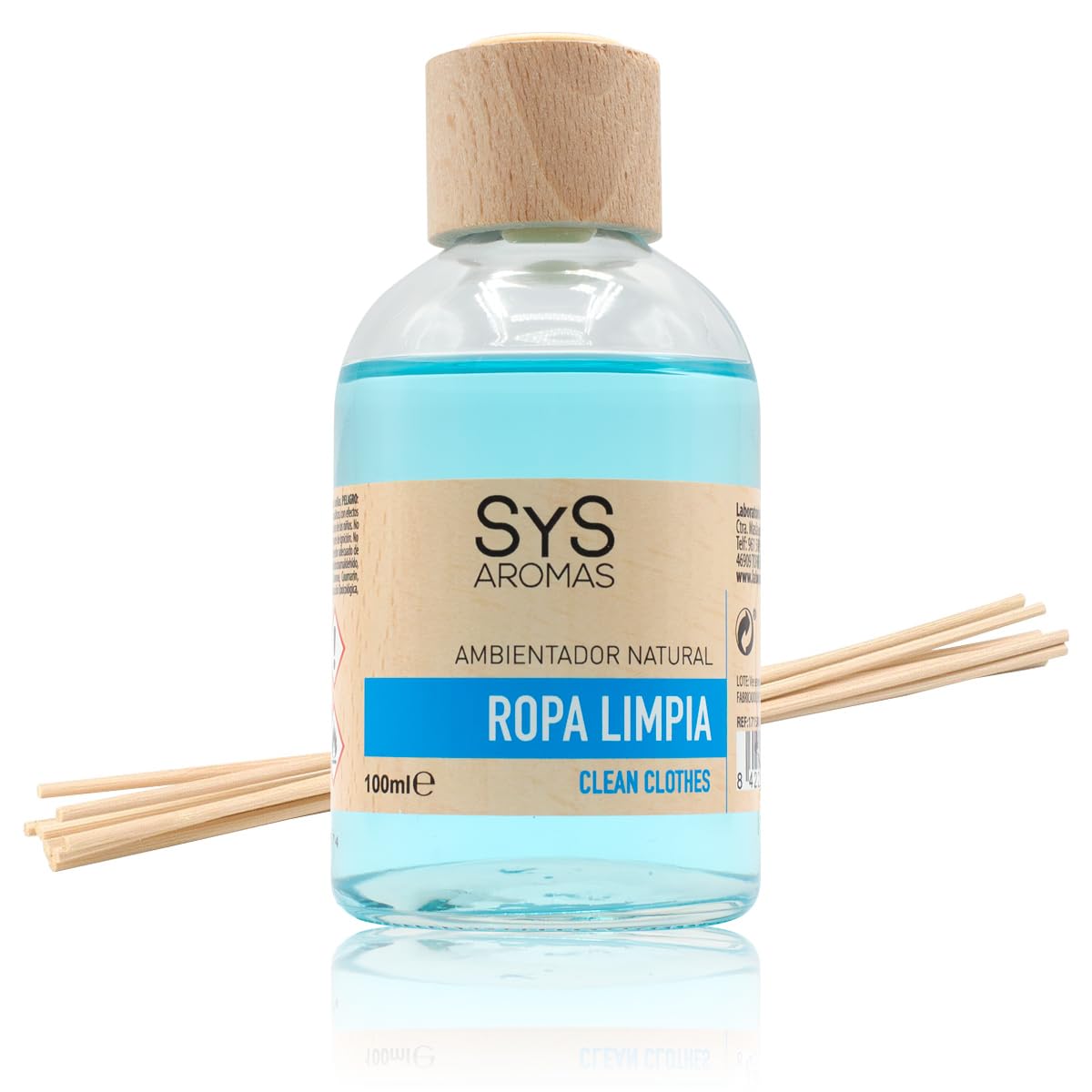 SYS Aromas Ambientador Mikado Ropa Limpia - Difusor con Varillas de Ratán - Larga Duración - Ideal para Hogar, Oficina, Baño - Fabricado en España - 100 ml con 8 Varillas