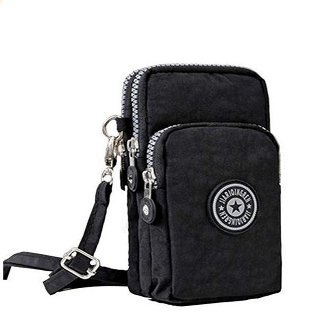 Multifunctional Mini Zipper Waterproof Nylon 3 Layers Storage Crossbody Phone Pouch Handbag Belt Handbag (Black)