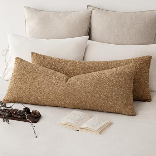 Image of Foindtower Decorative Textured Boucle Throw Pillow Covers Accent Solid Pillow Cases Neutral Long Body Lumbar Couch Cushion Case for Chair Sofa Bedroom Living Room Home Decor 14x36 Inch,1PC,Tobacco