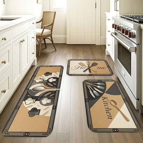 Tapis de cuisine lot de 3 beiges style vintage et moderne pour sol d'évier