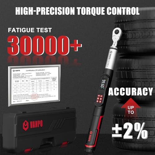 Image of VANPO Digital Torque Wrench 3 /8 Inch Drive, 5-99.6 Ft-Lb, for Automotive | High Contrast Backlit LCD, Fast-Adjust Control, Vibration, Buzzer, LED Alert, Electric Torque Wrench for Motorcycle & Bike