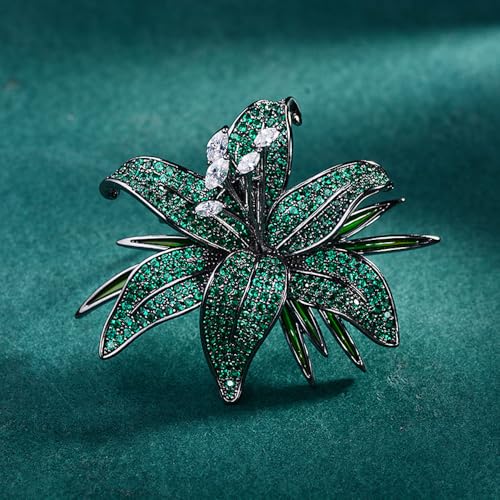 Image of Lily Flower Wedding Statement Brooch Art CZ Lapel Pin Austrian Crystal Leaf Bouquet Clusters Brooches Elegant Dress Suit Sweater Accessories for Women Ladies Party Prom Xmas Jewelry Gift