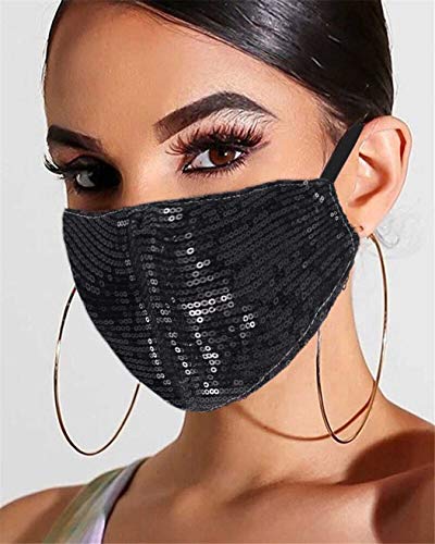 Simsly Maskerade Pailletten Gezichtsmaskers Monddekking Wasbaar Herbruikbaar Halloween Gezicht Cover Sieraden voor Vrouwen en Meisjes (Zwart)