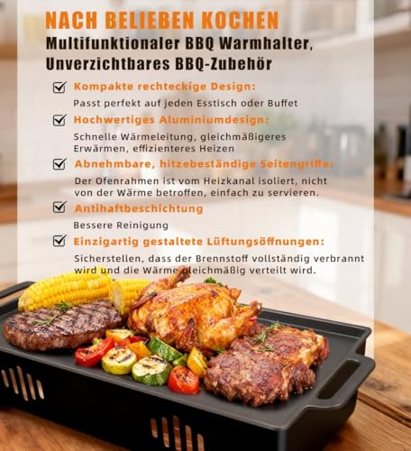 BBQ Warmhalteplatte - Warmhaltebehälter für Essen & Grillgut – Aluminium Grill-Heizplatte Antihaft, Speisenwärmer Warmhalteplatte Teelicht, Grill Zubehör für Outdoor & Garten (BLACK)